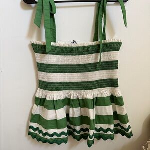 kate spade new york Green White Striped Smocked Tie Strap Cotton Tank Top